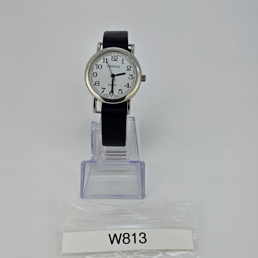 32MM Women's Watch White Dial Black Faux Leather‎ Band Up to 6.5